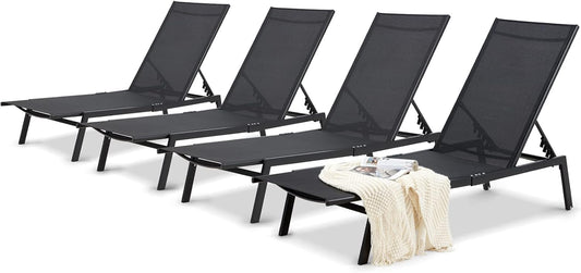 AECOJOY Patio Lounge Chairs for Outside, Adjustable Outdoor Chaise Lounge with Wheels and Adjustable 5-Position Recliner for Pool, Beach, Backyard, Deck, Lawn, Black, 4PCS