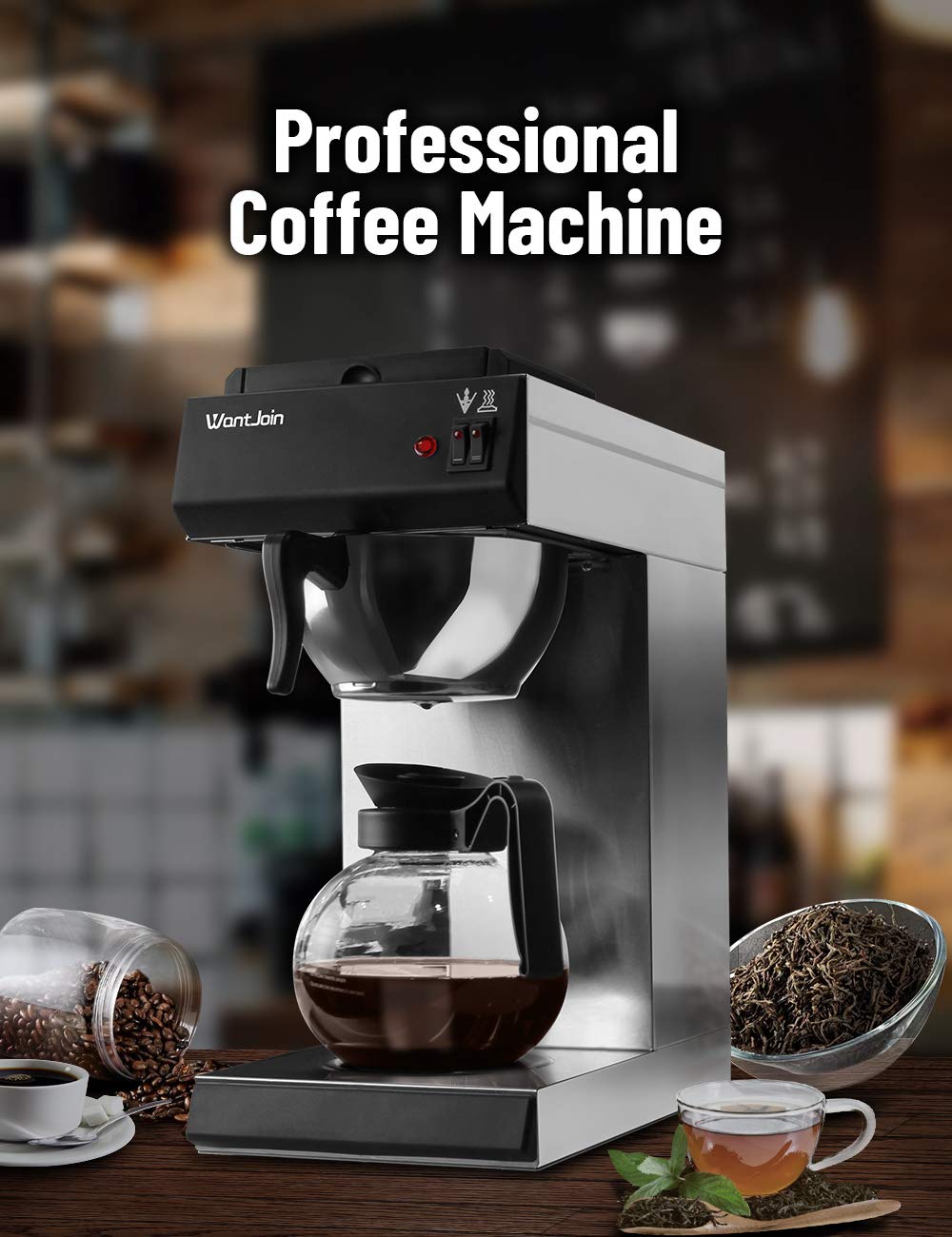 WantJoin Pourover Commercial Coffee Brewer, with Glass Carafe and 2 Kettle Warmers, 12-Cup Capacity coffee maker, Stainless Steel