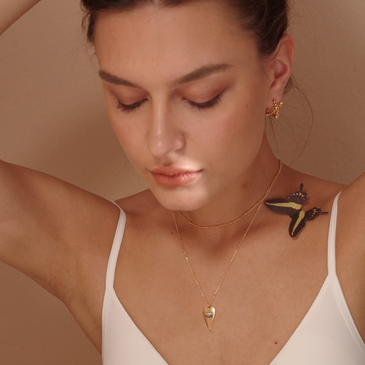 MEVECCO Layered Heart Evil Eye Necklace Handmade 18k Gold Plated Dainty Turquoise Layering Necklace for Women