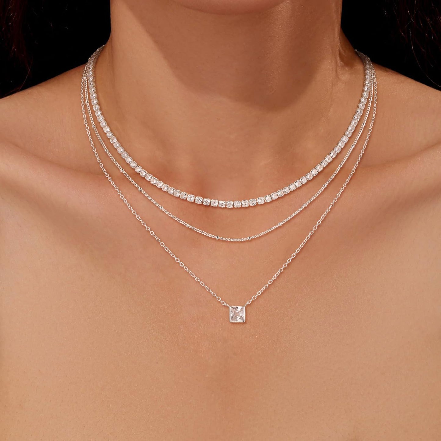 CHESKY Layered Silver Necklaces for Women Trendy, Silver Plated Dainty Stackable Charm Necklaces for Womens Layering Beads Tennis Chain Diamond Pendant Necklaces Jewelry Set for Women Gifts