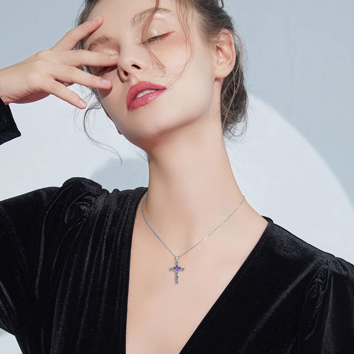 TOUPOP Amethyst Cross Necklace for Women Sterling Silver February Birthstone Cross Pendant Necklace Heart Love Jewelry for Her Girlfriend Wife Mom Anniversary Birthday Mothers Day Gifts