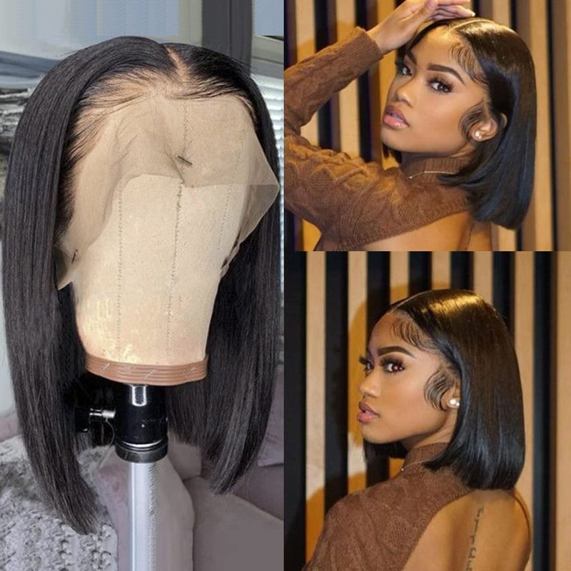 Bob Wig Human Hair 13x6 HD Lace Front Wigs Human Hair 180% Density Straight Lace Front Bob Wigs for Black Women Pre Plucked Pre Cut 100% Brazilian Virgin Real Hair Glueless Wigs Black Color 12 Inch