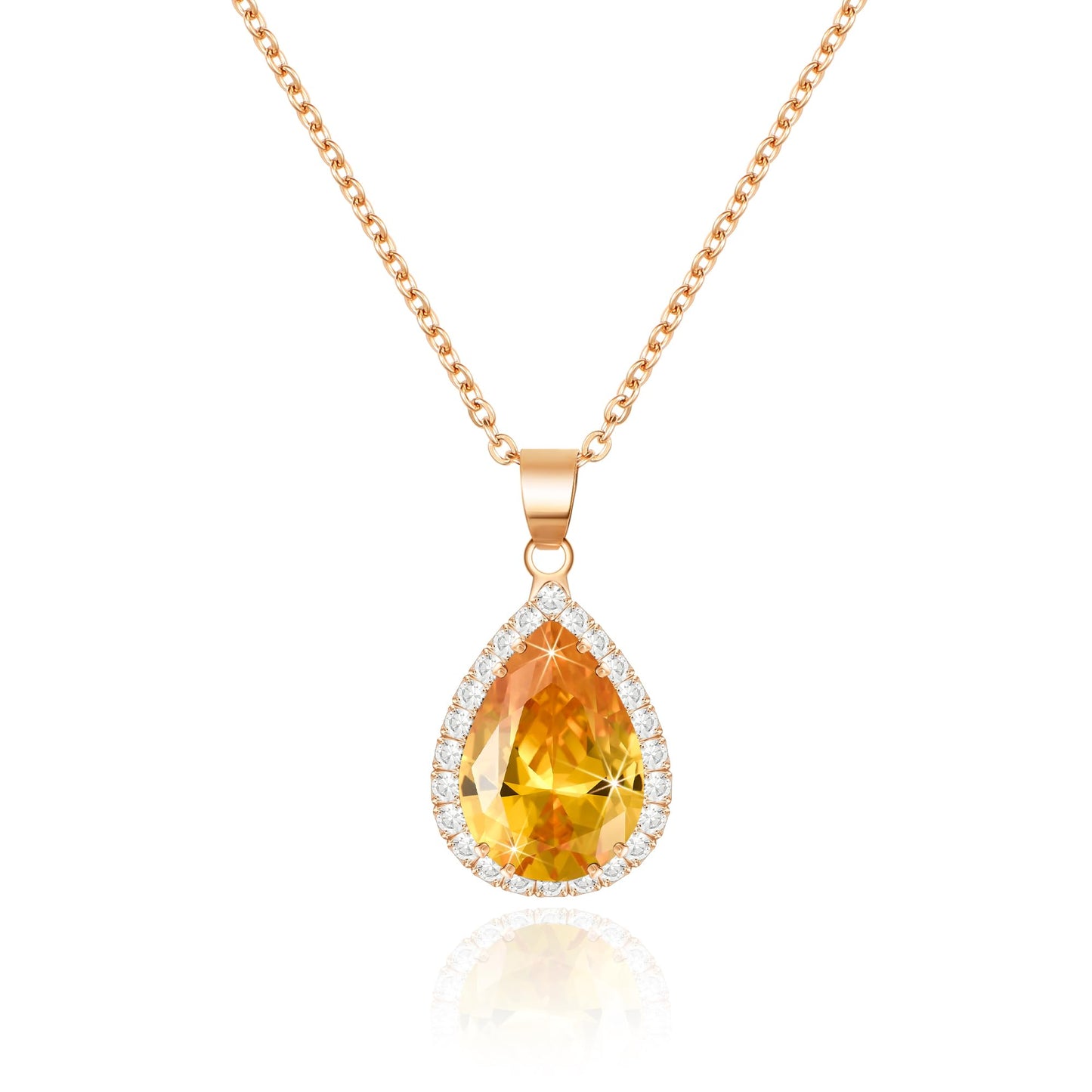 Linawe Citrine Crystal Chain Necklace for Women, Imitation Diamond Pendant Rose Gold Preppy Necklace, Yellow Cubic Zirconia Rhinestone Teardrop Boho Vintage Jewelry Set