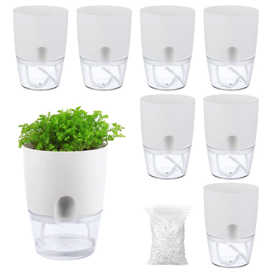 8 Pack Self Watering Pots for Indoor Plants, PlanterHoma 3.2 Inch Plant Pot Plastic Self Watering Planter for Orchid, African Violet, Mini Clear Flower Pots with Drainage Holes and Wicking Rope, White