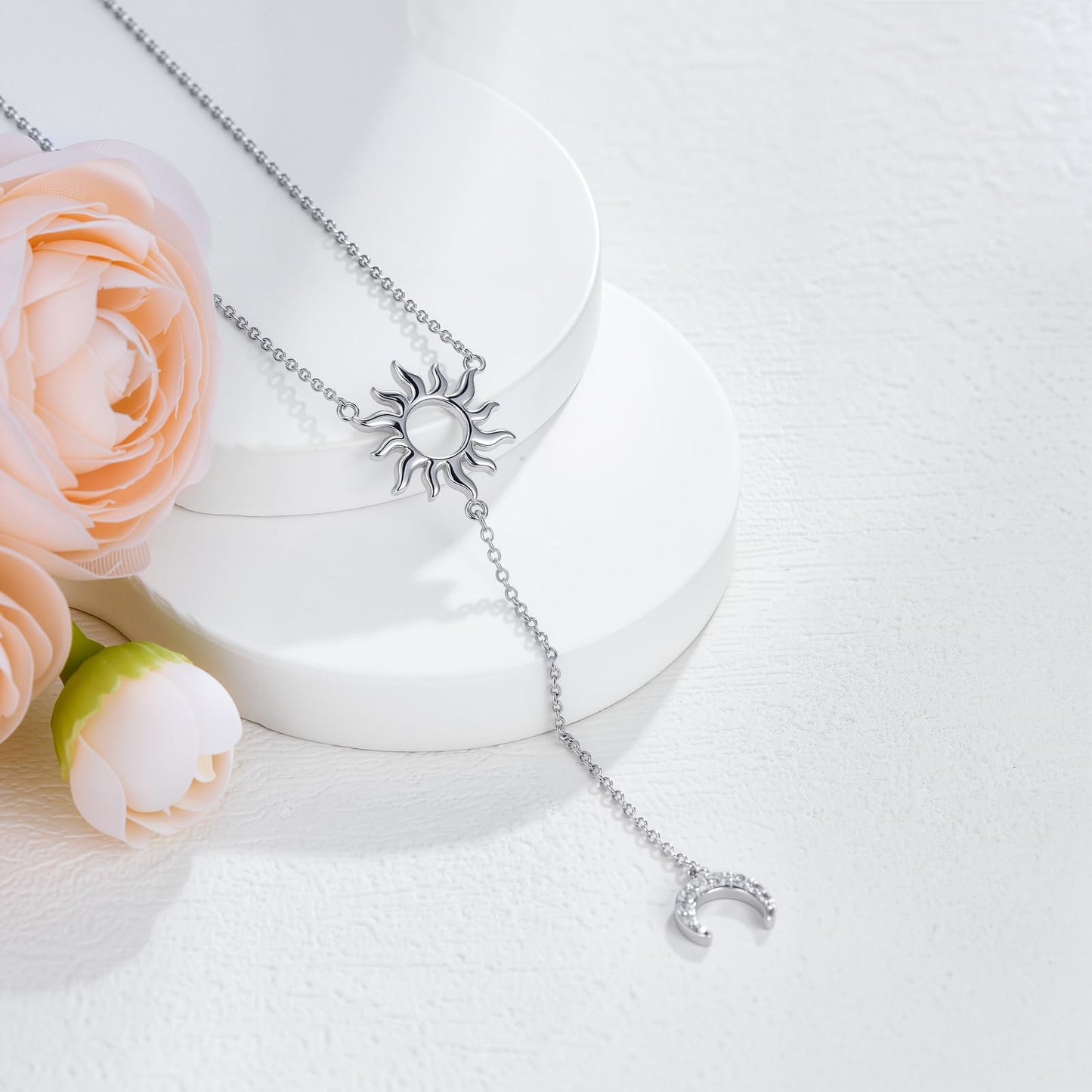 Diamond Sun Moon Y Necklace for Women 925 Sterling Silver Lariat Long Necklaces with Lab Grown Diamond Jewelry Gift for Birthday