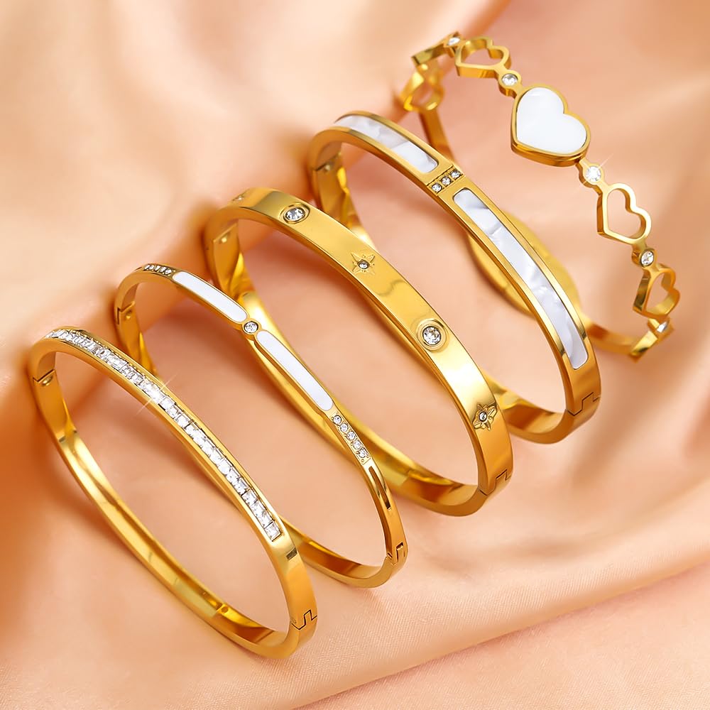 ZhiRui Women's 18K Gold Plated Stackable Bangle Bracelet Set - Waterproof Mother of Pearl Heart Cubic Zirconia Jewelry - Perfect for Valentine's Day & Thoughtful Gifts for Women