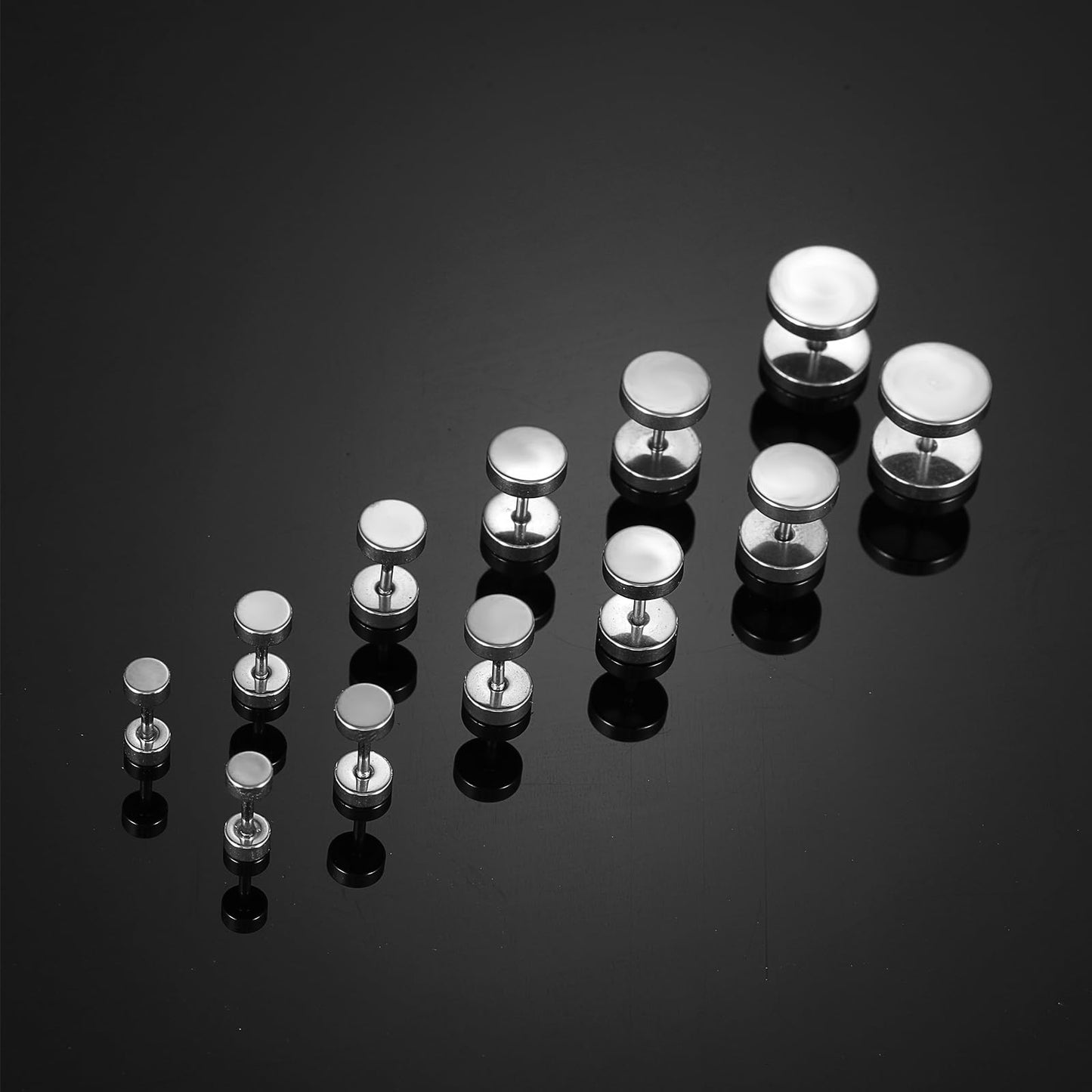 6 Pairs Silver Earrings for Men Women Fake Plugs Faux Gauges Plugs Earring Stainless Steel Stud Earrings, 4-10mm (Silver)
