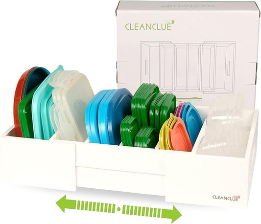 CLEANCLUE Expandable Kitchen Cabinet Organizer for Food Storage Container Lids, Bamboo Drawer Caddy Adjustable Dividers, Box for Kitchen Storage and Organization, Lids Organizer for Cabinet (White)