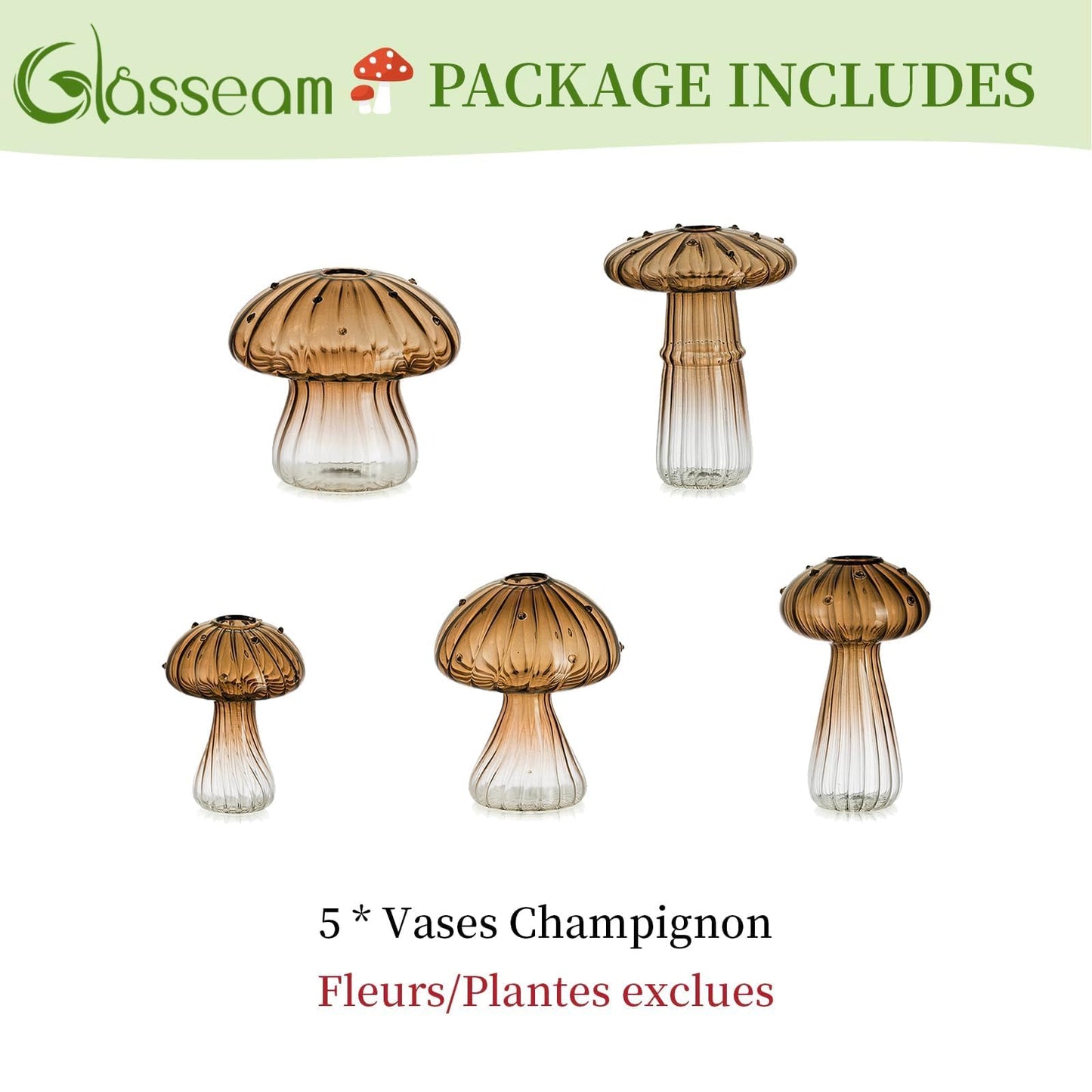 Glasseam Mushroom Plant Propagation Stations: Amber Glass Terrarium Jar Set of 5 Cute Planters for Indoor Plants Mini Propagate Station Unique Christmas Birthday Gifts for Women Home Office Decor
