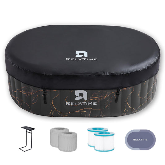 2 Person Inflatable Hot Tub, Portable Outdoor Blow Up Hottub with Led Light, Energy Efficient Cover, 100 Air Jets Built in Heater Pump, Oval Spa for Relaxation, Table Tray, 2 Filters, Black
