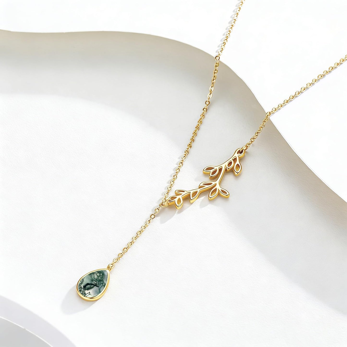 Silikepa Leaf Necklace for Women 925 Sterling Silver Gold Leaf Pendant Necklace Y Chain with Moss Agate Jewelry Gifts for Women