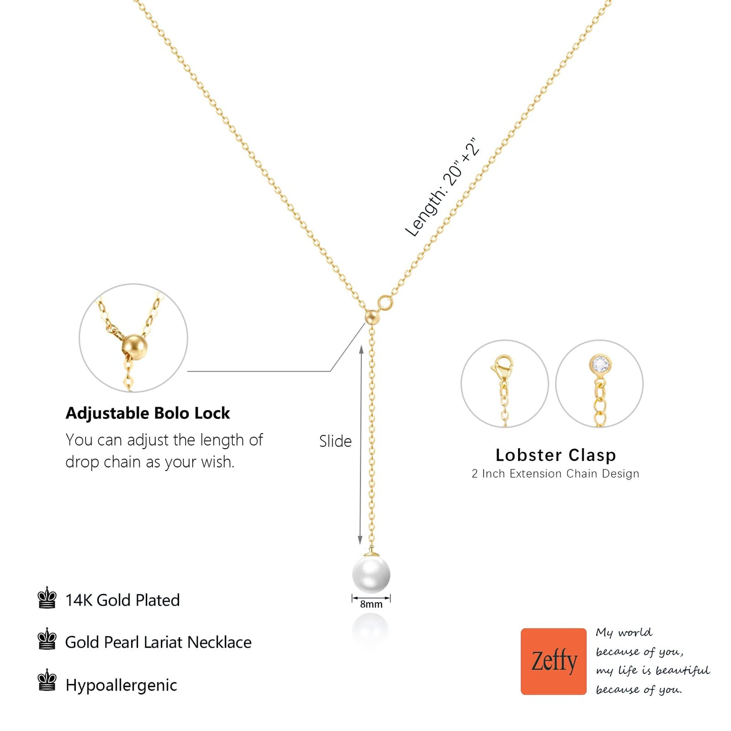 Zeffy Long Pearl Necklaces Dainty Gold Pearl Lariat Necklace Prom Drop Dangle Adjustable Necklace Trendy Simple Pearl Choker Y-Shaped Chain Wedding Women's Jewelry Gift
