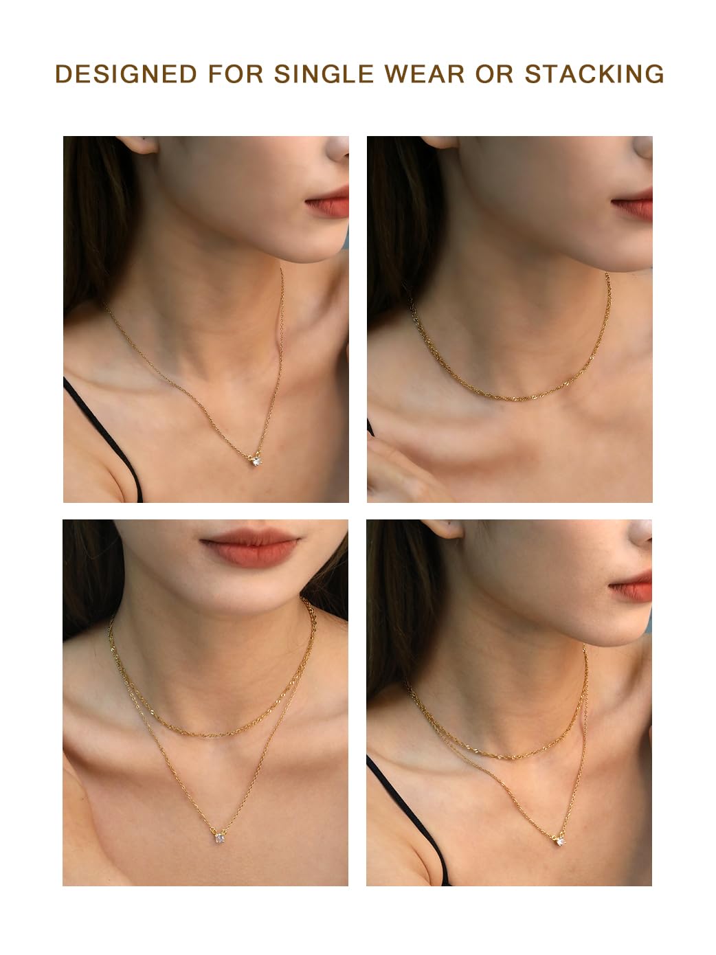 LUXU kisskids 2-Piece Layered Necklace for Women, Dainty Choker & CZ Pendant Necklace, 14K Gold Plated Stainless Steel, Adjustable Trendy Jewelry Gift Set