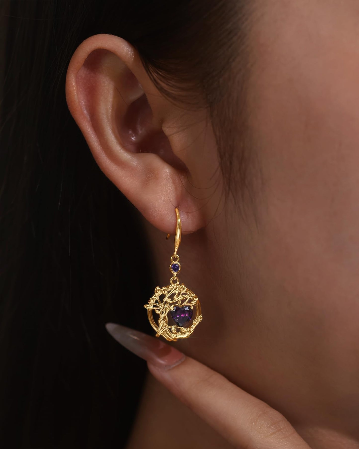 FANCIME Tree of Life Earrings 925 Sterling Silver Yellow Gold Plated Amethyst Dangle Drop Purple Gemstone Earring February Birthstone Fine Jewelry Birthday Mothers Day Gifts for Wife Her Women