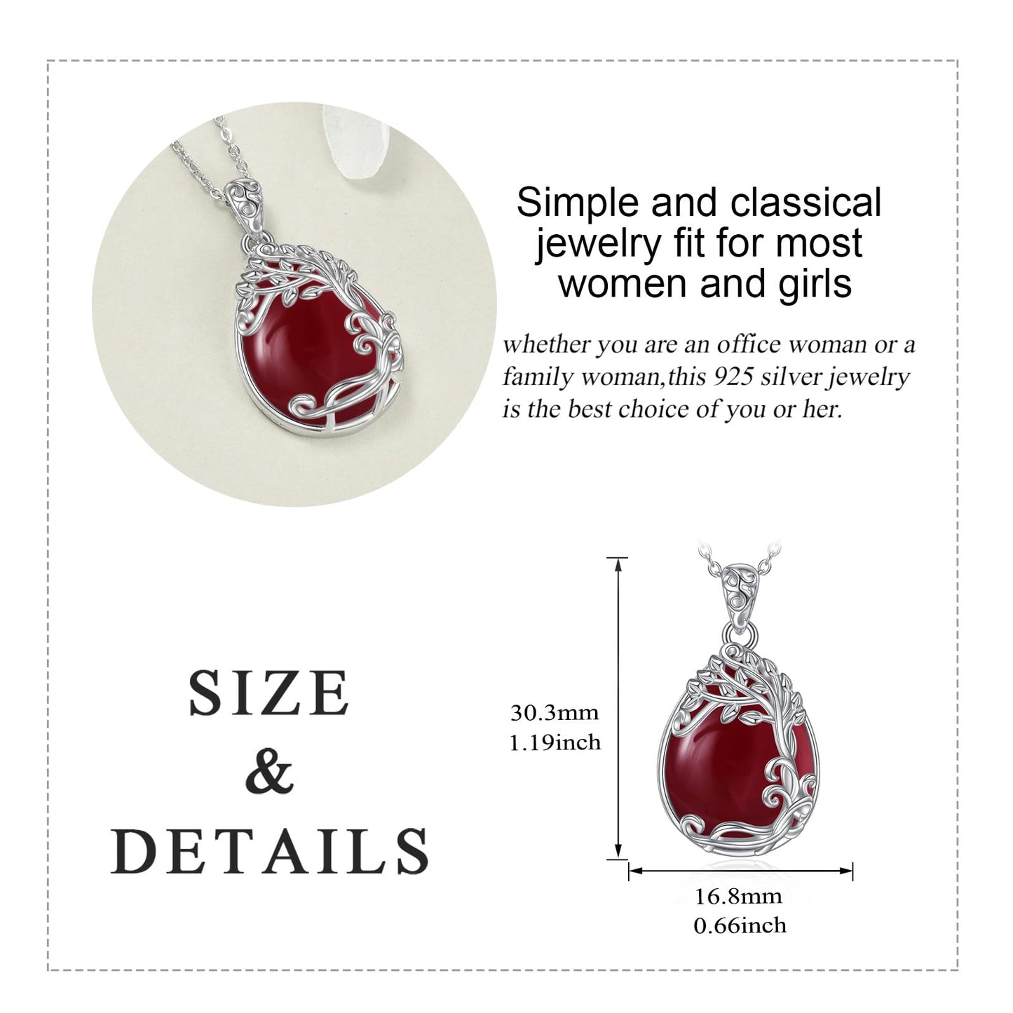 YAFEINI 925 Sterling Silver Red Agate Necklace Tree of Life Teardrop Pendant Necklace Jewelry for Women (KK-Tree of Life Red Agate Necklace)