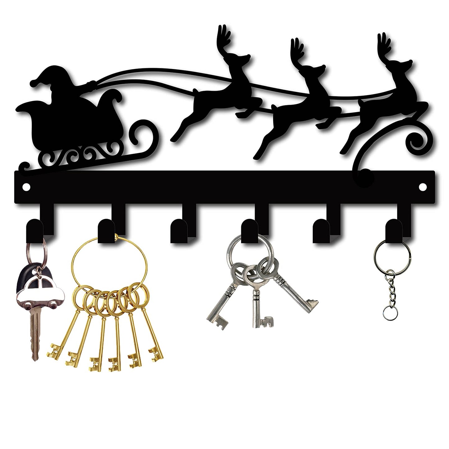 CREATCABIN Christmas Metal Key Holder Santa Claus Elk Sled Black Key Hooks Wall Mount Hanger Iron Hanging Organizer Rock 6 Hooks for Home Housewarming Gift Entryway Cabinet Hat Towel 10.6 x 5.5inch
