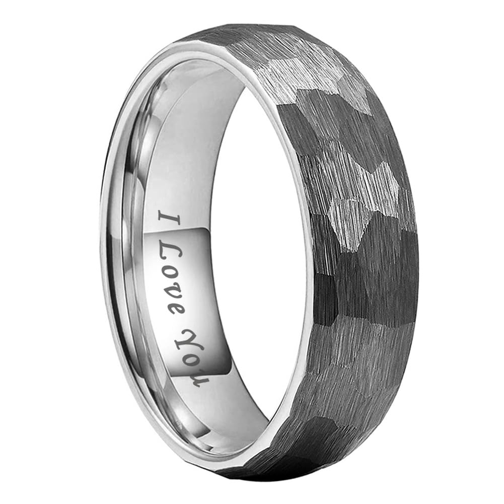 TUTISS 6mm Hammered Tungsten Carbide Rings for Men Women Engagement Wedding Bands Domed I Love You Engraved Comfort Fit Size 6