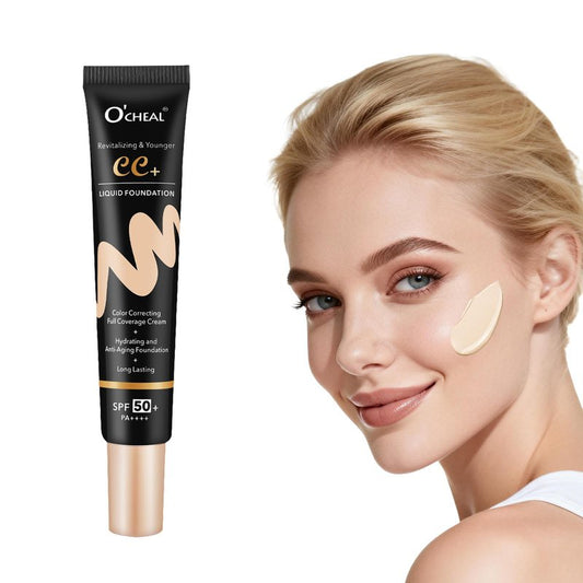 O'CHEAL CC Cream with SPF 50+, Hydrating Color Correcting Cream Full Coverage Lightweight Powder Foundation, Waterproof Long Lasting Pre-makeup Primer Facial Concealer Refine Skin Texture (Ivory)