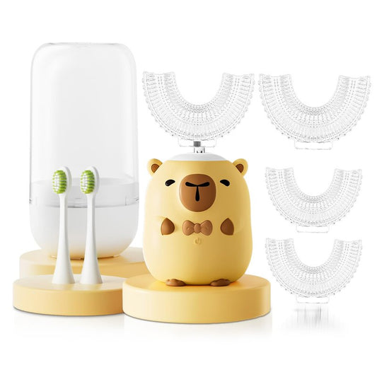 ELOTAME Kids Electric Toothbrush U Shaped - Cartoon Capybara with 6 Brush Heads Full Mouth Degree Cleaning Sonic Toddler Automatic Toothbrush with IPX7 Waterproof (Yellow 2-14 Years)