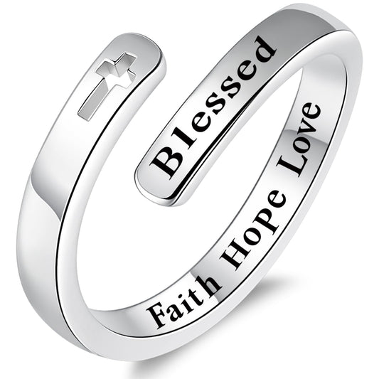 925 Sterling Silver Inspirational Jewelry Adjustable Wrap Open Ring Encouragement Gift for Women(Blessed Faith Hope Love)