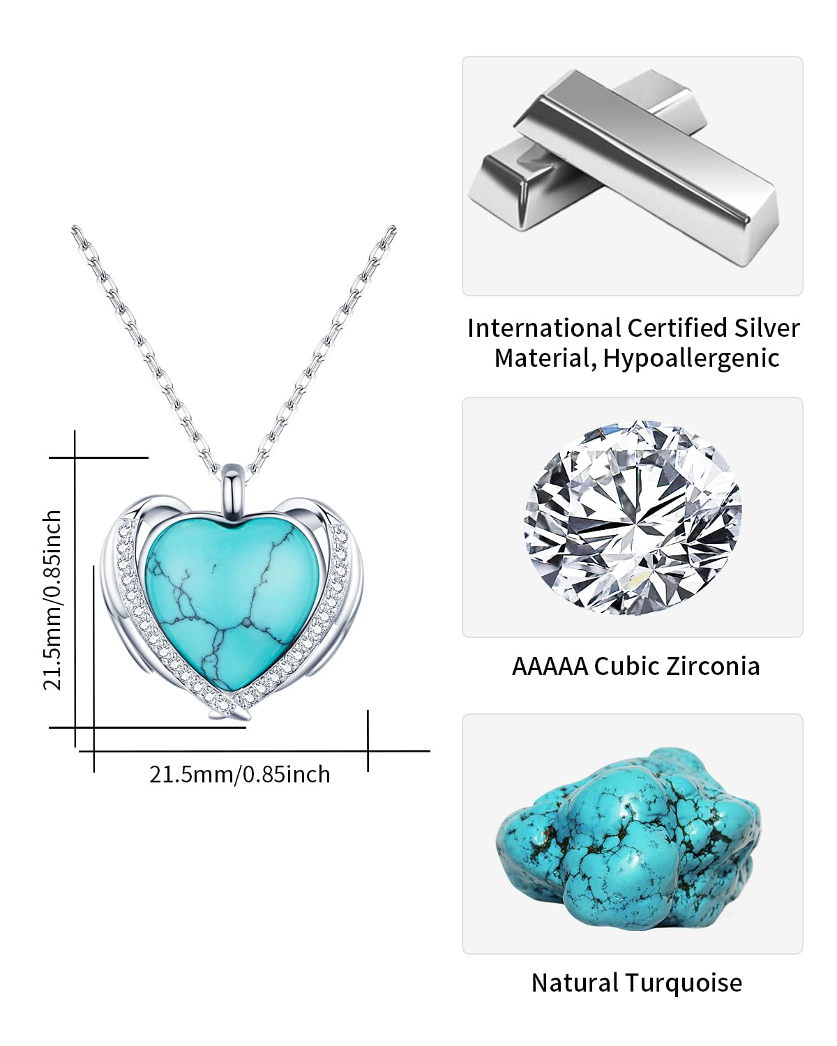 BDL Turquoise Necklace - Sterling Silver Angel Wing Heart Shape Natural Turquoise with 5A Cubic Zirconia Pendant Necklace for Women, Western Jewelry, Gifts for Women Wife Moms Grandma…