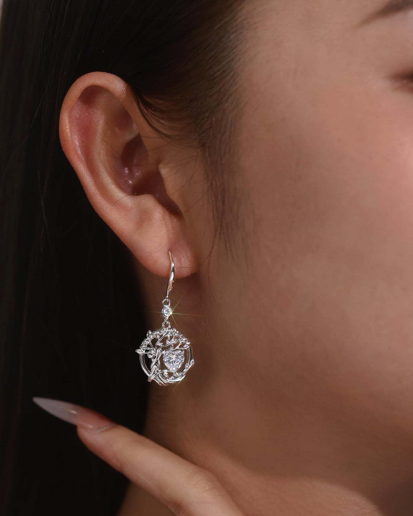 FANCIME Tree of Life Earrings 925 Sterling Silver Dainty CZ Cubic Zirconia Dangle Drop Simulated Diamond Earring April Birthstone Fine Jewelry Birthday Mothers Day Gifts for Mom Her Women