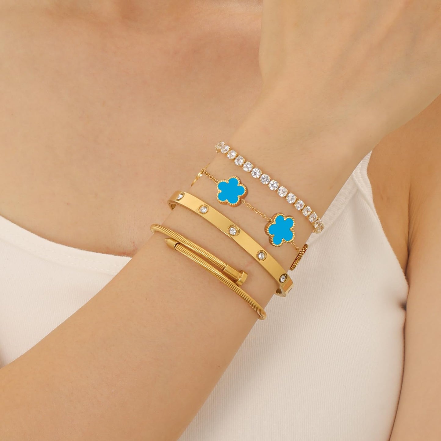 Gold Bracelets for Women, 18K Gold Plated Women Tennis Bracelets Clover Nail Love Bangle Bracelet Set, Gold Bracelet Stackable Set Trendy Jewelry, Gifts for Women's Day and Mother's Day (01-Color-blue)