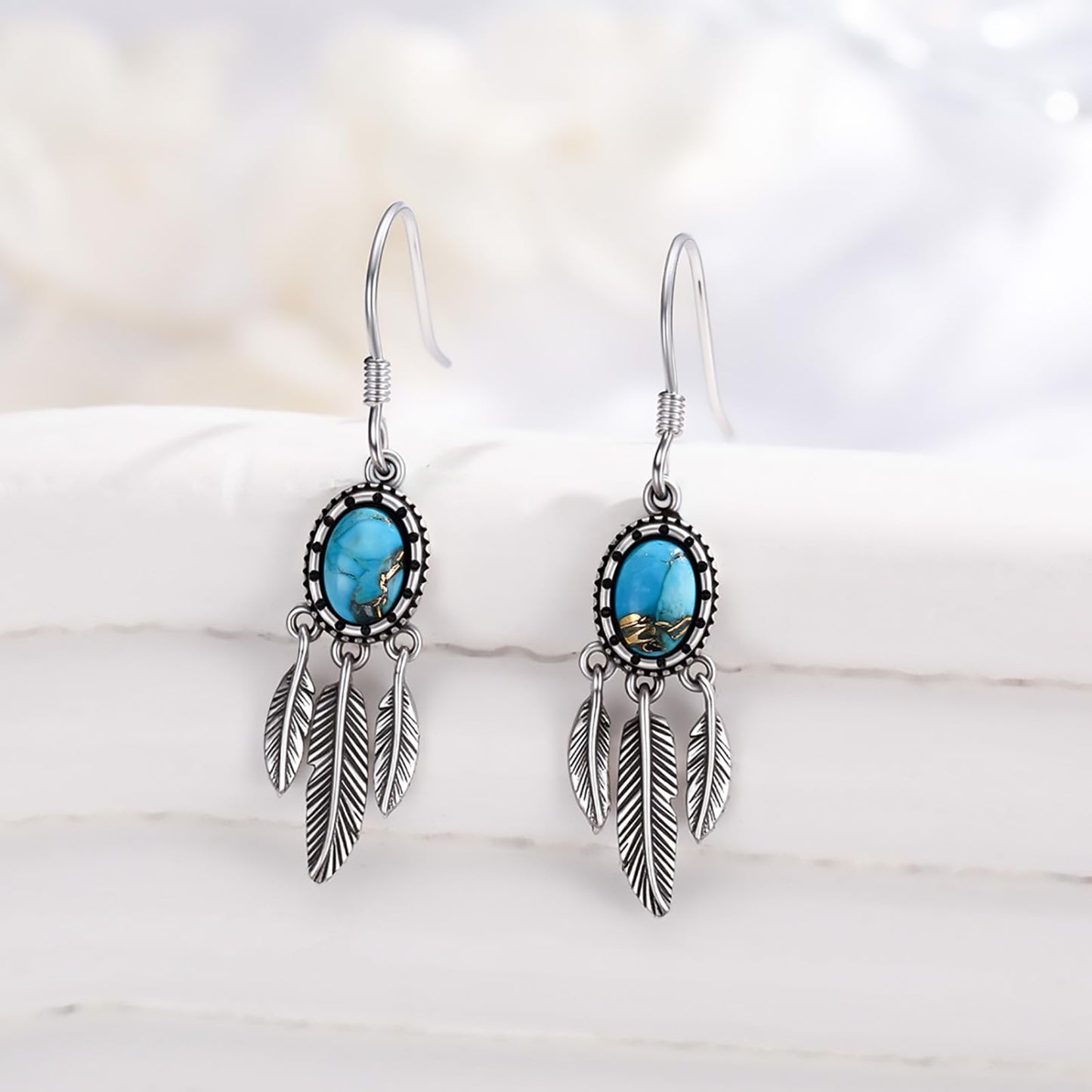 Eetaitai Dream Catcher Dangle Earrings for Women 925 Sterling Silver Natural Turquoise Feather Drop Earrings Native American Jewelry Western Jewelry Gifts for Mom Wife Sister
