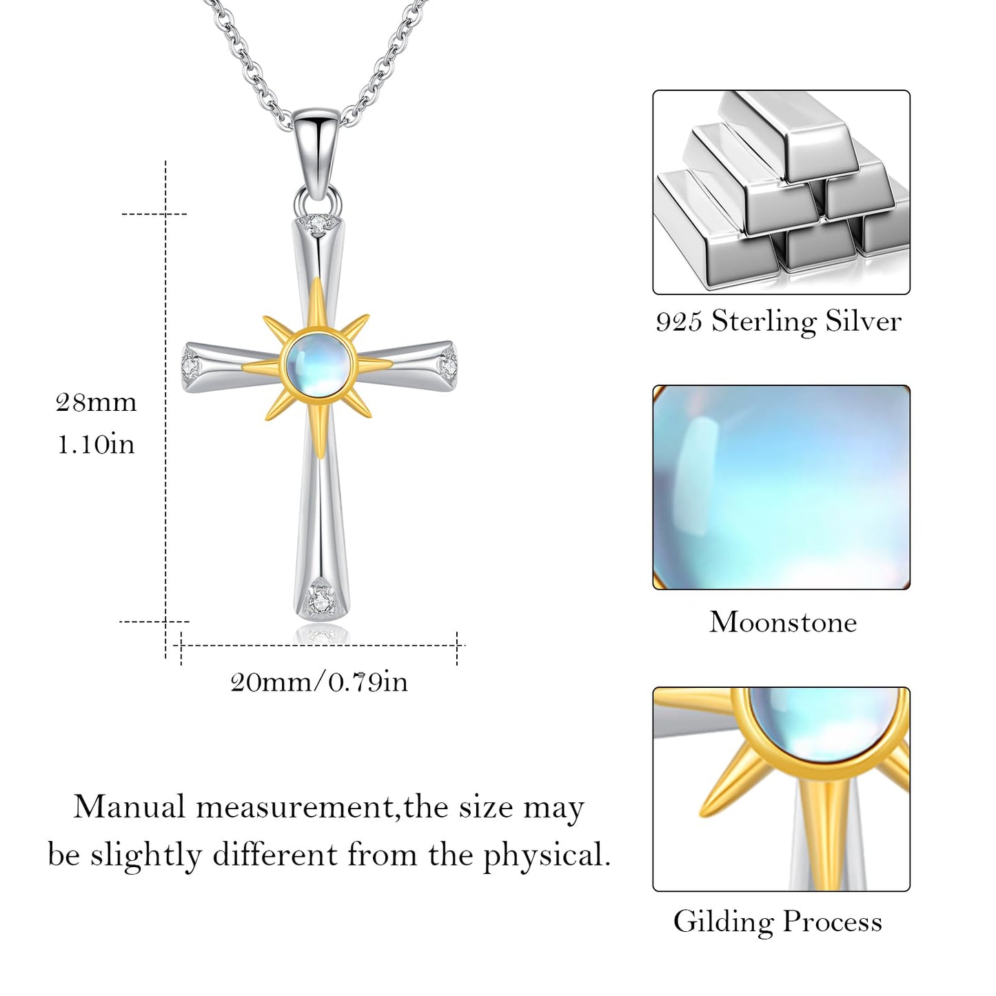 Silikepa Cross Necklace for Women 925 Sterling Silver Sun Cross Pendant Necklace with Moonstone Jewelry Gift for Women