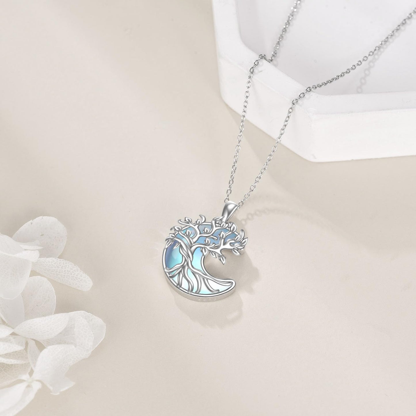 YAFEINI 925 Sterling Silver Moon Moonstone Necklace Tree of Life Pendant Necklace Jewelry for Women (VV-Tree of Life Moon Moonstone)