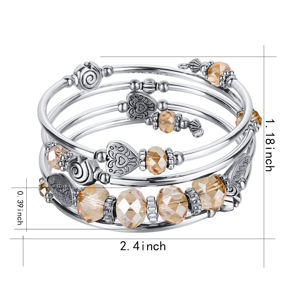 PEARL&CLUB Bead Crystal Wrap Bangle Bracelet - Fashion Jewelry Beaded Bracelet with Silver Metal, Gifts for Women(23-Champagne)