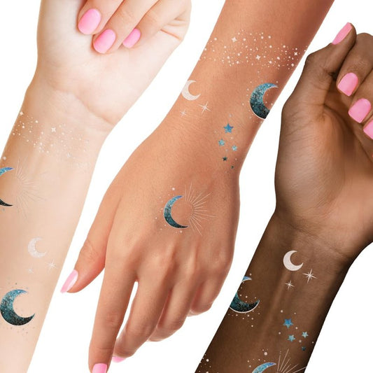 Flash Tattoos MOONLIGHT Silver Glitter Face Freckles and Body Tattoos – 25 Premium Celestial Magic Metallic Patches with Cosmic Stars & Moons - Festival & Concert Makeup, Parties, Face Gem Beauty