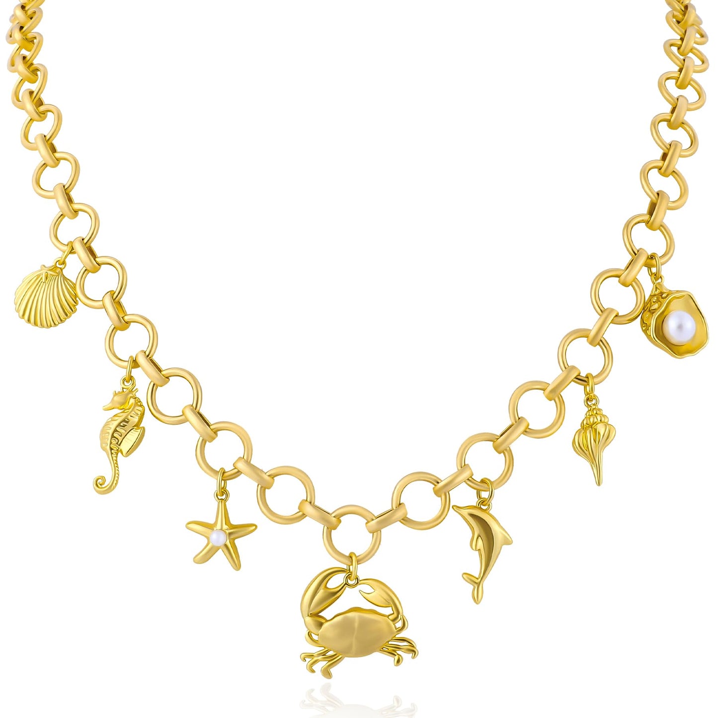 Gold Marine Charm Necklace for Women, Shells Seahorses Starfish Crabs Dolphins Conches Glass Pearl Charm Necklace Elegant Ocean Themed Jewelry Ideal for Casual and Summer Style