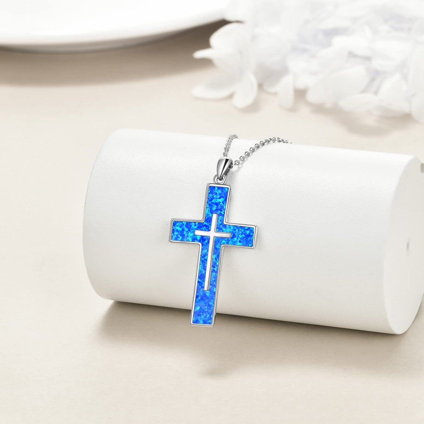 YFN Opal Cross Necklace Sterling Silver Cross Pendant Jewelry Gifts for Women Men