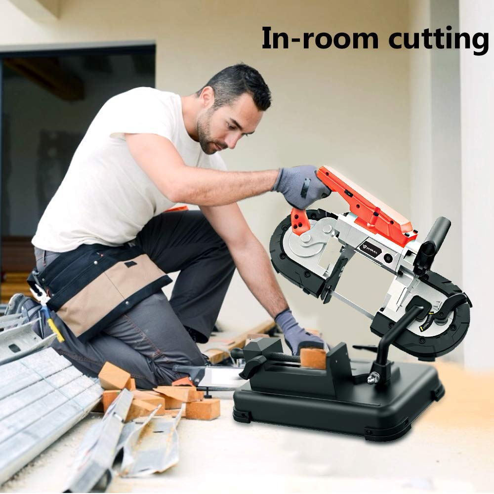 Anbull Portable Band Saw with Upgraded Removable Alloy Steel Base, 45°-90° Metal Cutting, 10A 1100W Motor, 5-inch Deep Cut, with .020-by-44-7/8-Inch 14 TPI Saw Blade and Led Spotlight