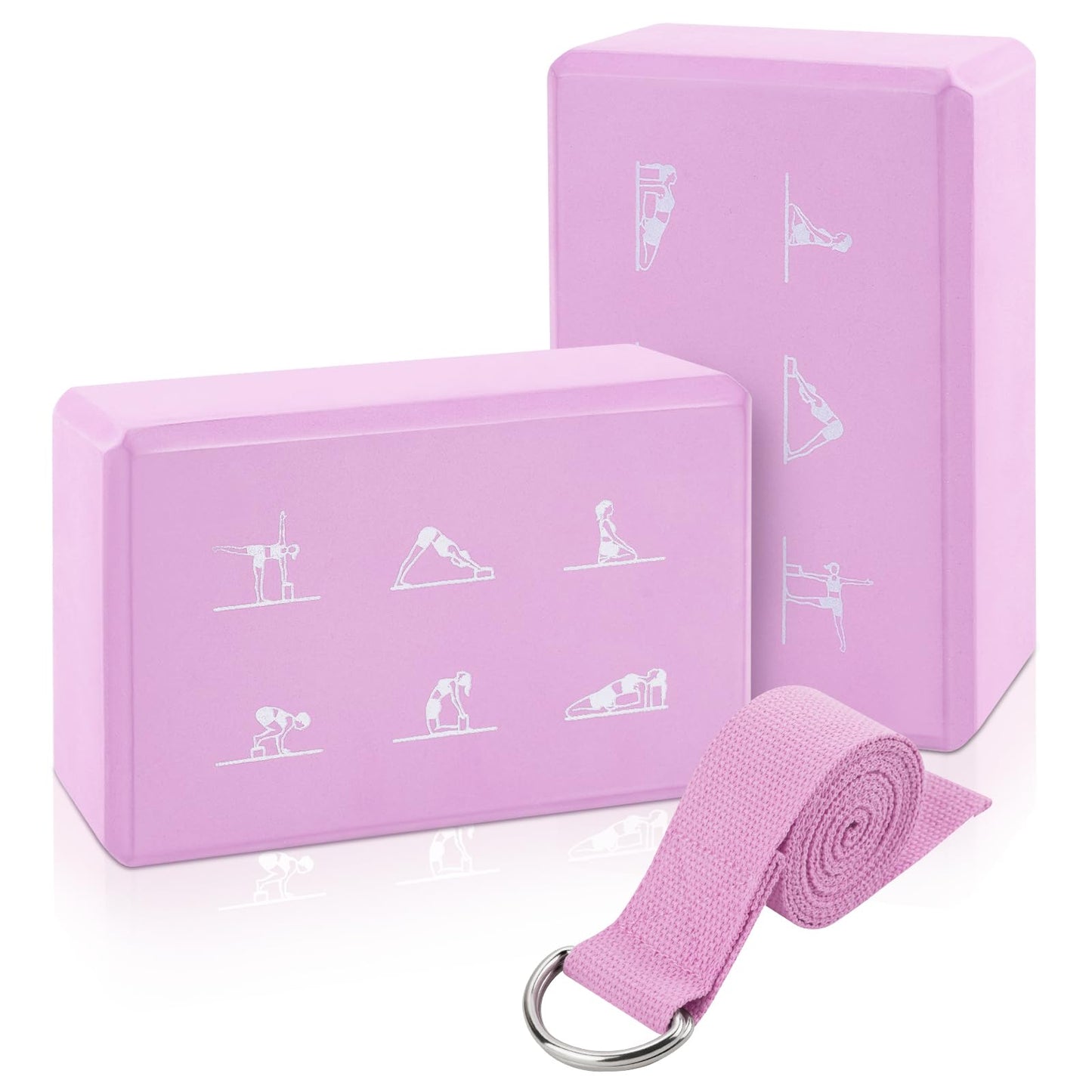 2 Yoga Block and Yoga Strap Set, FHDUSRYO High Density EVA Foam Blocks, Non-slip Yoga Bricks with 6ft Strap, Supportive Latex-Free Yoga Block Kit to Improve Balance and Flexibility (Pink, 9×6×3")