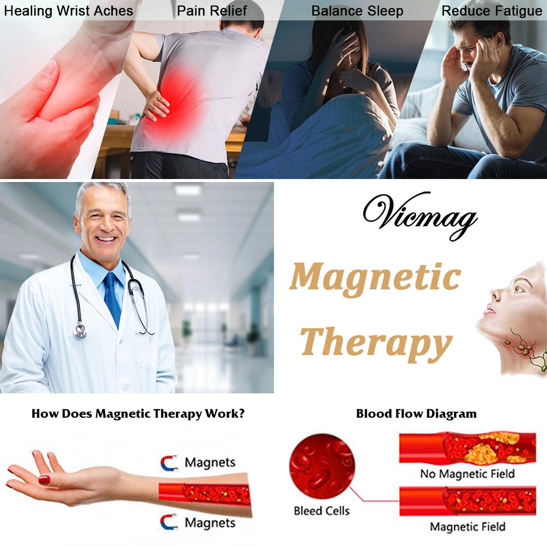 Vicmag Magnetic Bracelets for Women Titanium Steel Bracelet Strong Magnets with Adjustment Tool & Present Box (Silver Gold Fishtail & Love)