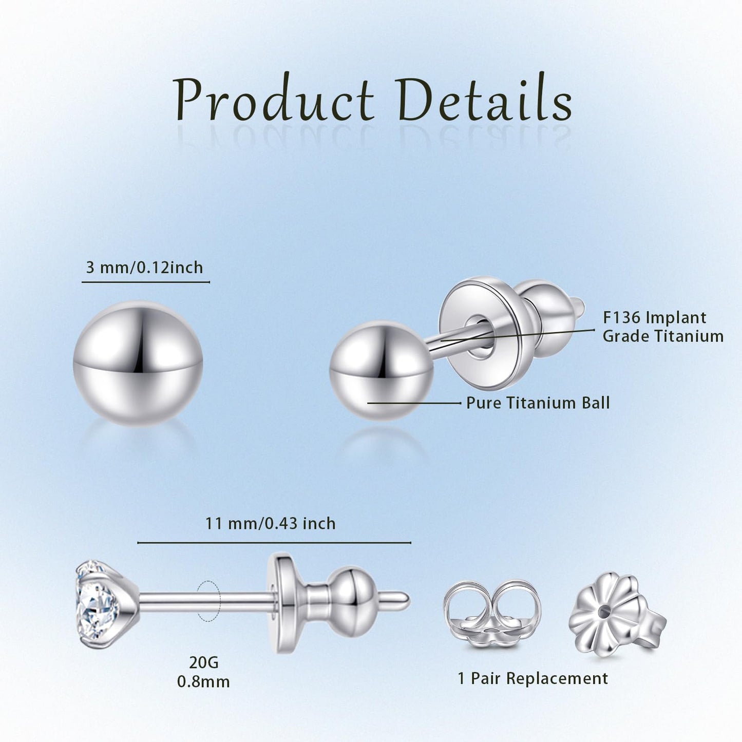 Limerencia G23 Pure Titanium Earrings F136 Implant Grade Titanium Studs 20G Hypoallergenic Round Cubic Zirconia/Princess-Cut/Square/Ball Earrings for Women Men Sensitive Ears(3mm Round Ball)