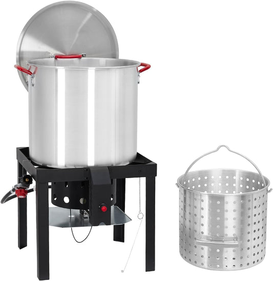 80-Quart Aluminum Seafood Boil Pot Kit with Steam/Boil Basket & Strainer, 110,000 BTU Propane Jet Burner & Lifting Hook, 10 PSI Regulator, Outdoor Crawfish, Shrimp, Crab Boiler and Fryer Combo