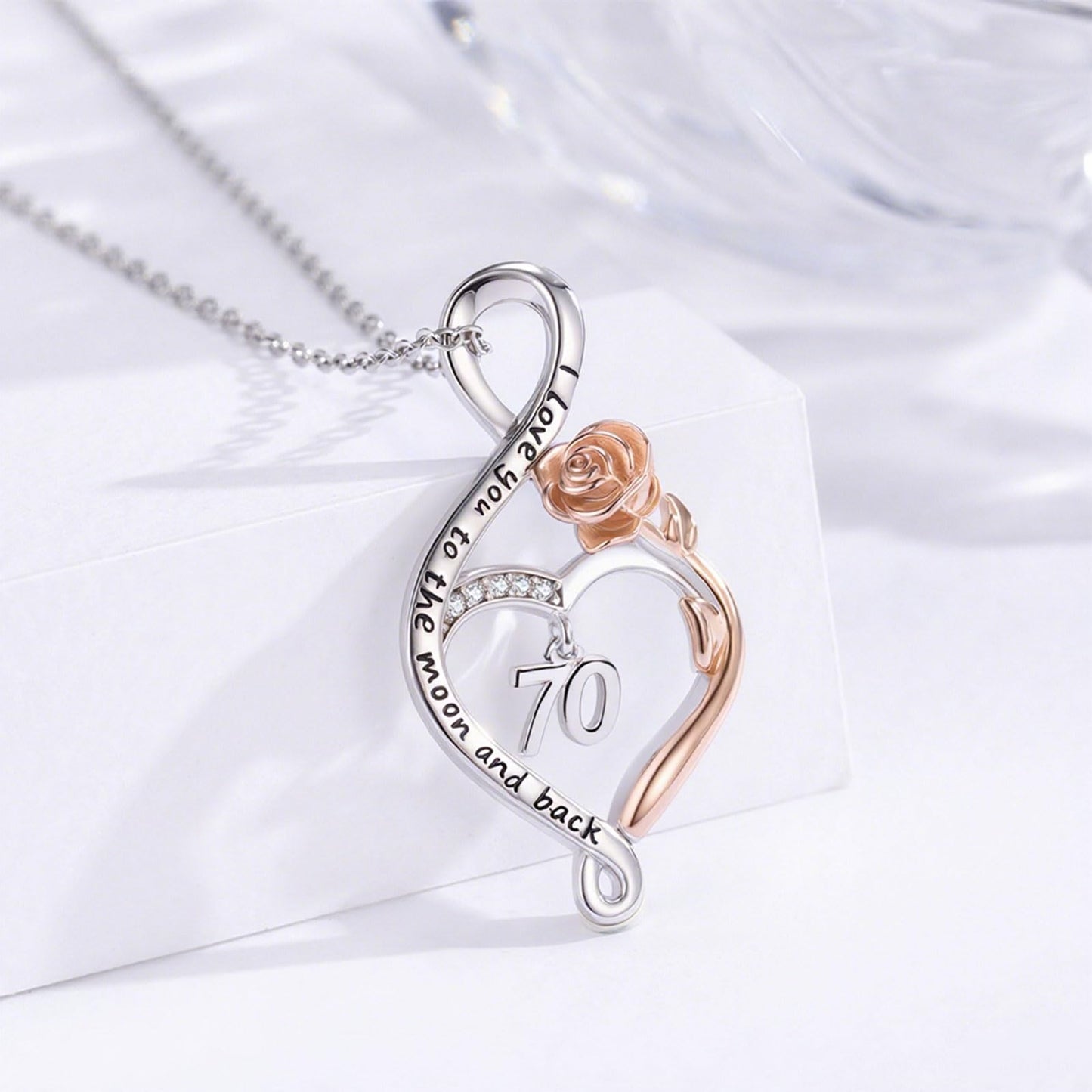 KoyeKei 70th Birthday Gifts for Women 70 Year Old Necklace 925 Sterling Silver Rose Flower Heart Infinity Pendant Jewelry Birthday Mothers Day Gifts for Wife Nana Granddaughter
