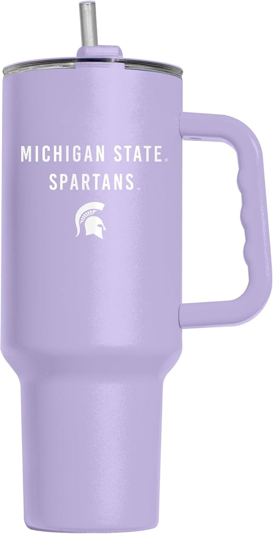 Logo Brands NCAA Michigan State Spartans Lavender 40 oz Tumbler with Handle - Stylish Everyday Use Powder Coated-Stainless Steel with Straw- Keeps Cold For Hours