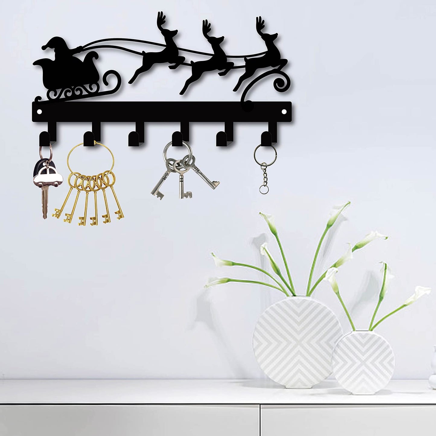 CREATCABIN Christmas Metal Key Holder Santa Claus Elk Sled Black Key Hooks Wall Mount Hanger Iron Hanging Organizer Rock 6 Hooks for Home Housewarming Gift Entryway Cabinet Hat Towel 10.6 x 5.5inch
