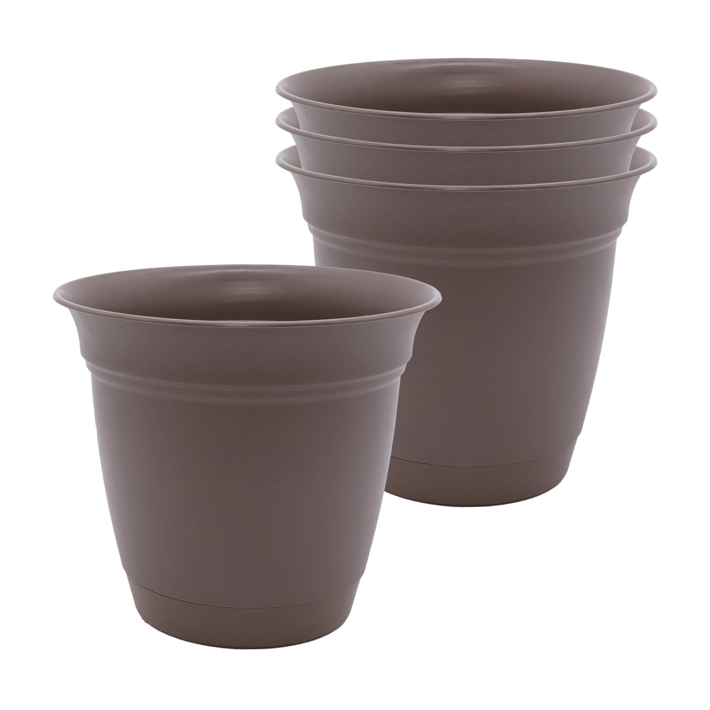 The HC Companies 6 Inch Eclipse Round Planter Pots with Drainage Holes & Attached Saucer, Lightweight UV-Resistant Plastic Indoor & Outdoor Planters, 4-Pack Flower Pots, Garden Home Decor, Cappuccino