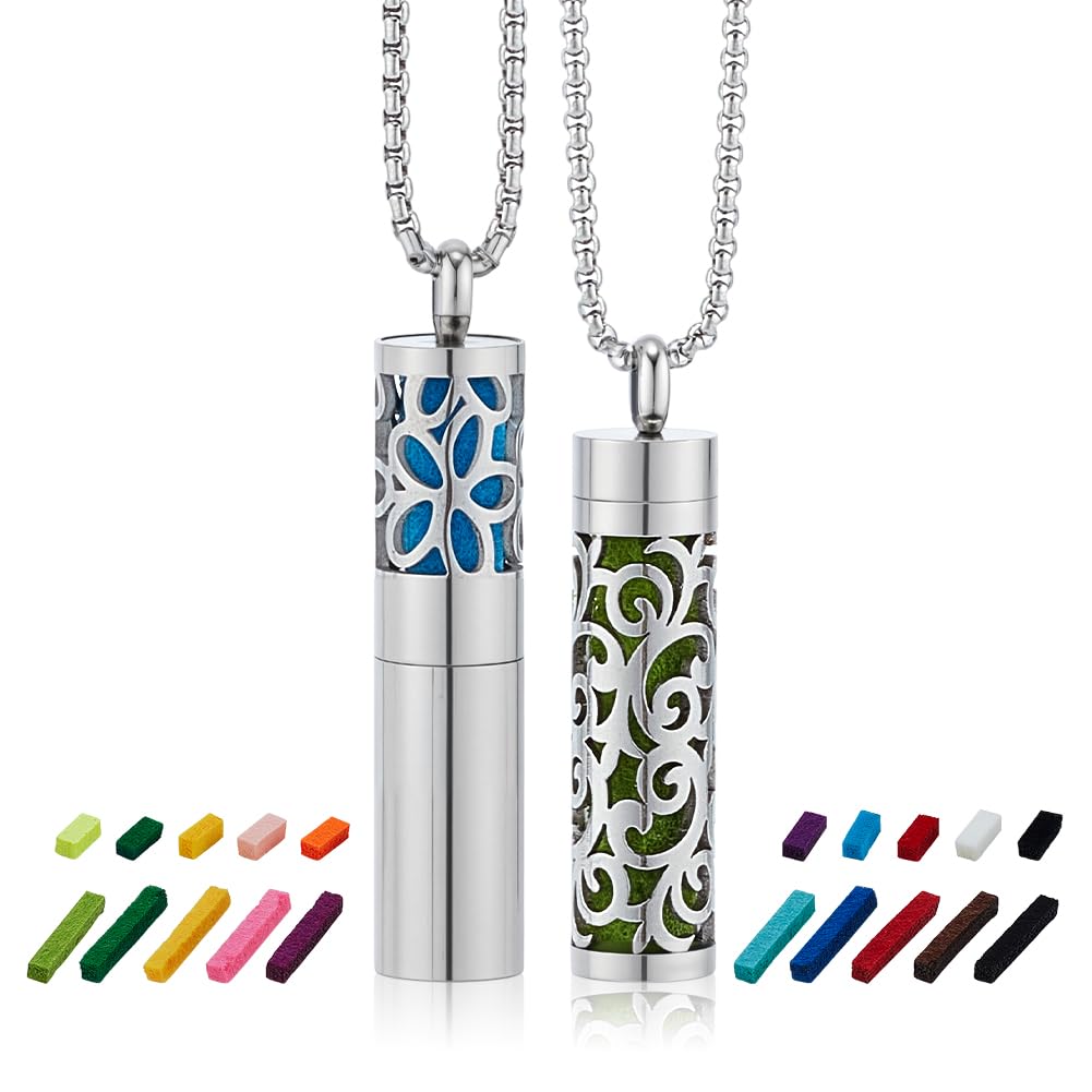 PH PandaHall 2 Styles Aroma Necklaces Essential Oil Diffuser Necklace Pendant Stainless Steel Aromatherapy Pendant with 20pcs Color Felt Pads Hollow Scent Necklace for Men Women Jewelry Birthday Gift