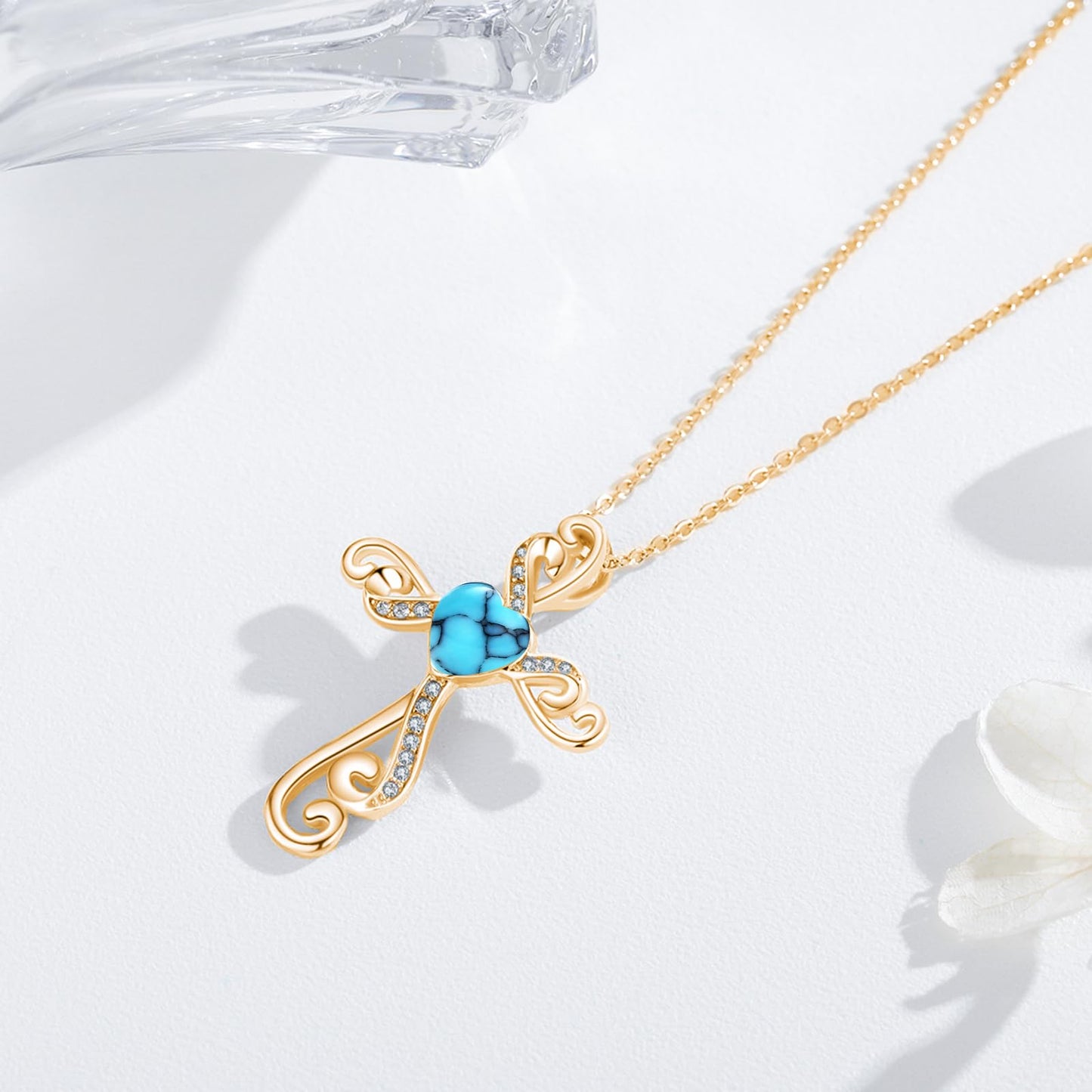 Twoowl 14K Gold Plated Cross Necklace 925 Sterling Silver Turquoise Christian Pendant Religious Catholic Jewelry Gifts for Mom Women