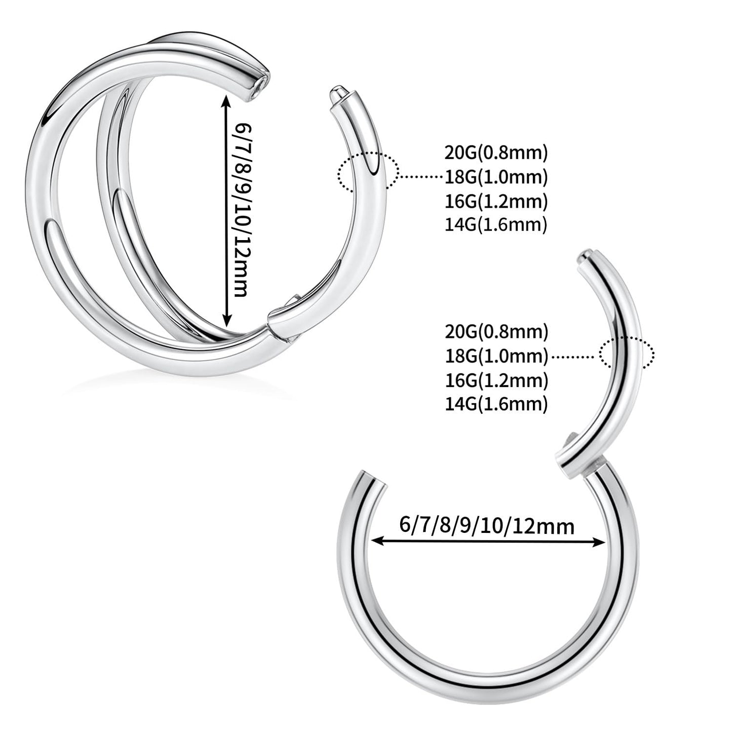 14g Nose Ring Hoop Earrings Double Hoop Nose Hoops 14 Gauge Lip Rings Septum Jewelry Seamless Silver Septum Clicker 12mm Septum Ring Cartilage Earring Helix Earrings Nose Rings Surgical Steel Piercing