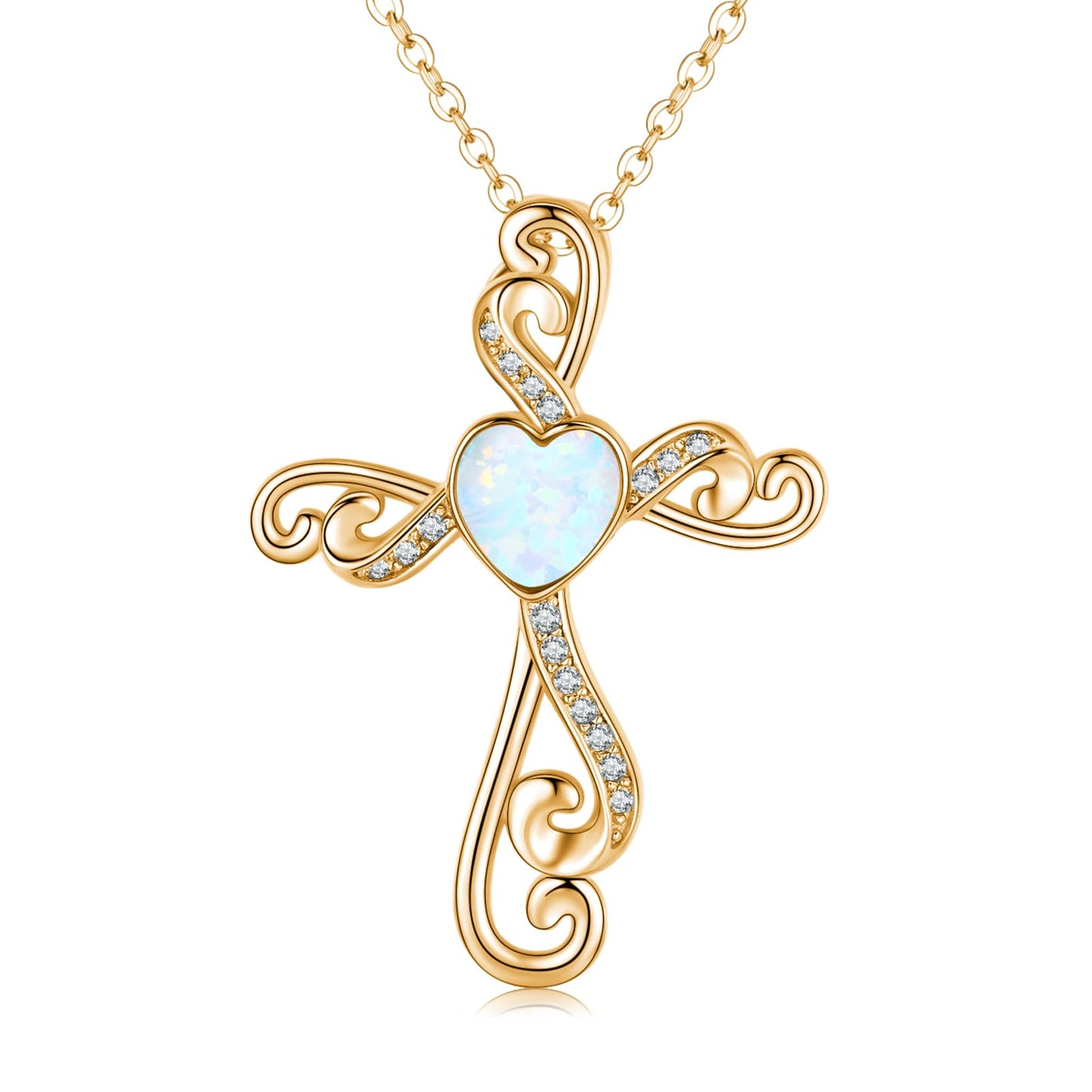 Twoowl 14K Gold Plated Cross Necklace 925 Sterling Silver White Opal Faith Pendant Religious Christian Jewelry Gifts for Mom Women