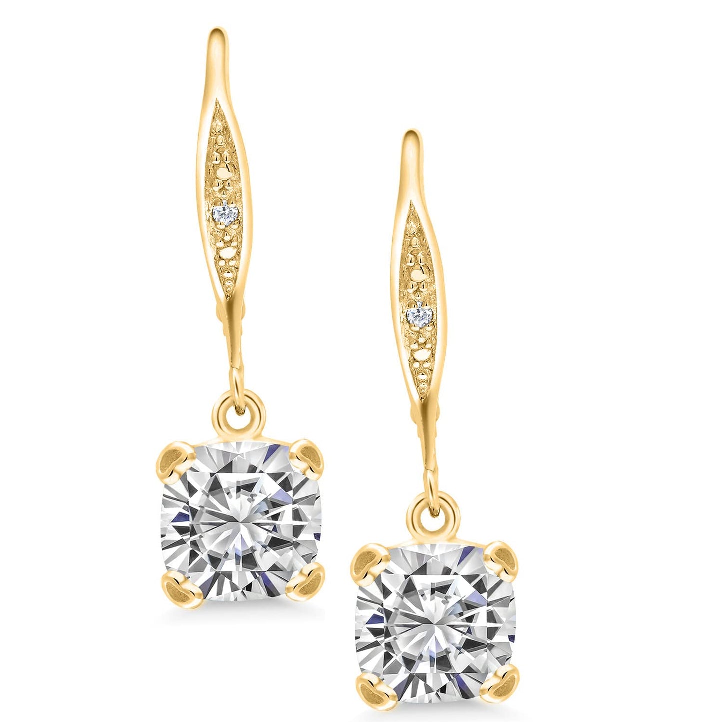 Gem Stone King Drop Dangle Earrings For Women | 7MM Cushion Cut Gemstone Birthstone and Diamond | 925 Sterling Silver | Jewelry Gift for Mom Wife Her | White Moissanite-April | Yellow Gold