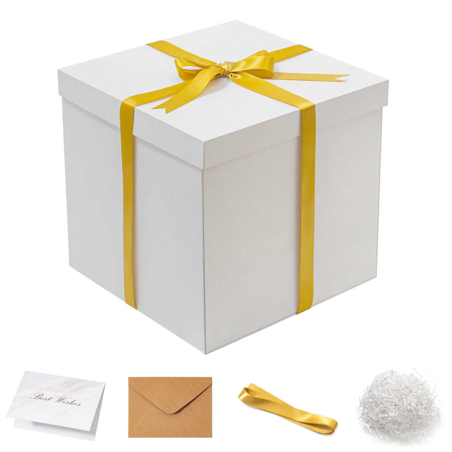 Mefleet Large Gift Box with Lid for Presents 12x12x12 Inches Extra Big Deep Square White Boxes 1 Pack for Christmas, Birthday, Valentine's Day, Mother's Day - Contains Crinkle Paper, Ribbon and Card