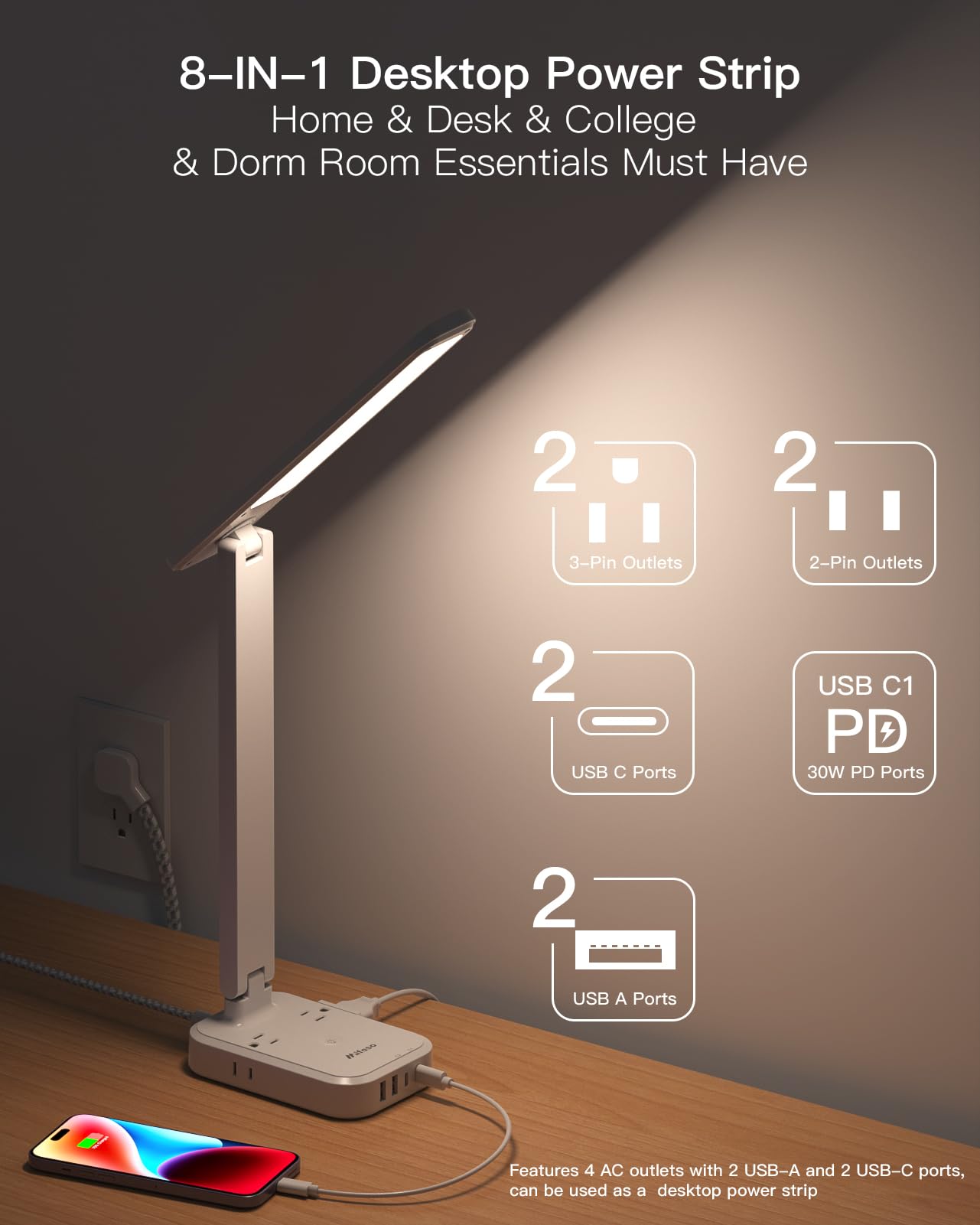 Power Strip with LED Desk Lamp, PD 30W Touch Desk Lamps, 4 Outlets 4 USB Ports(2 USB C) Small Desk Lamp 5FT Extension Cord Table Lamp for Home Office College Dorm Room Essentials Bedroom Bedside Study